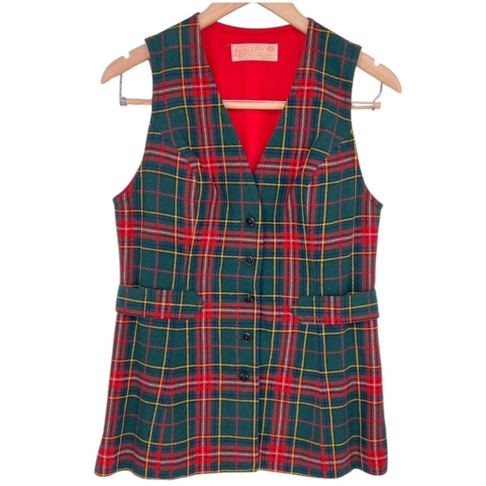 Vintage Pendleton Virgin Wool‎ Red Green Plaid Holiday Festive Vest